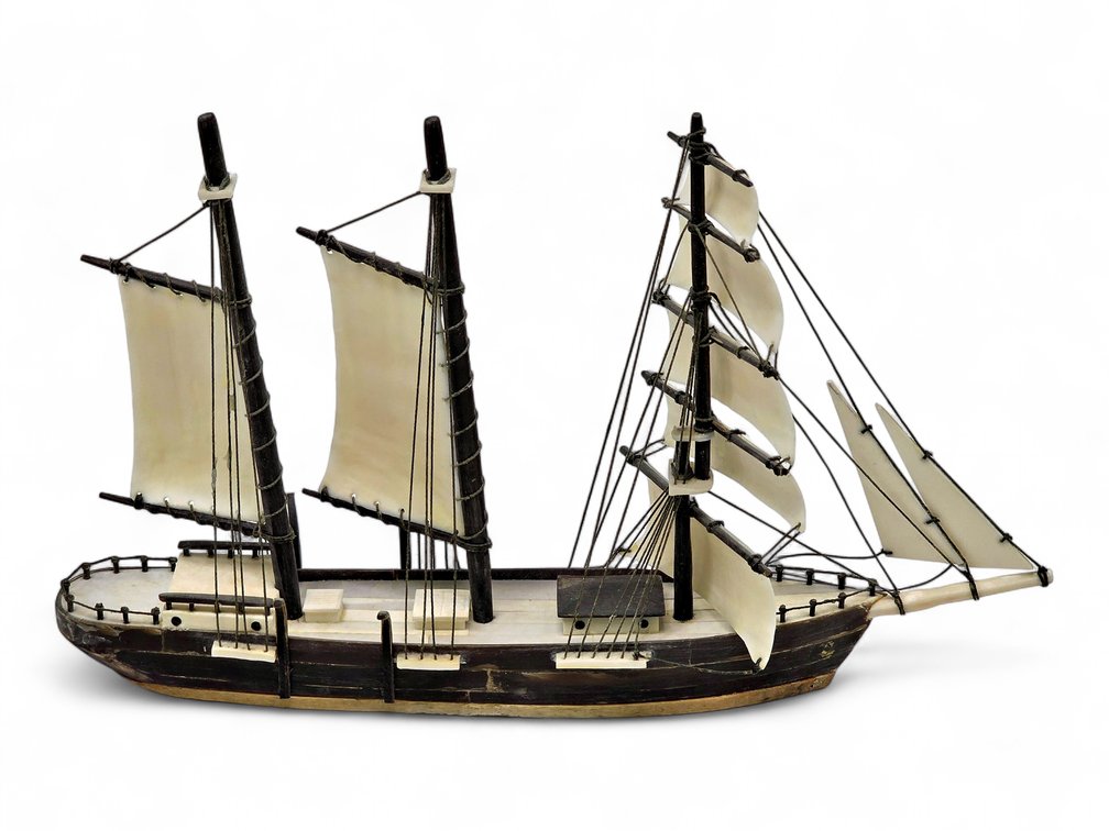Walrus Tusk & Baleen Three-Masted Ship Model - James Aningayou