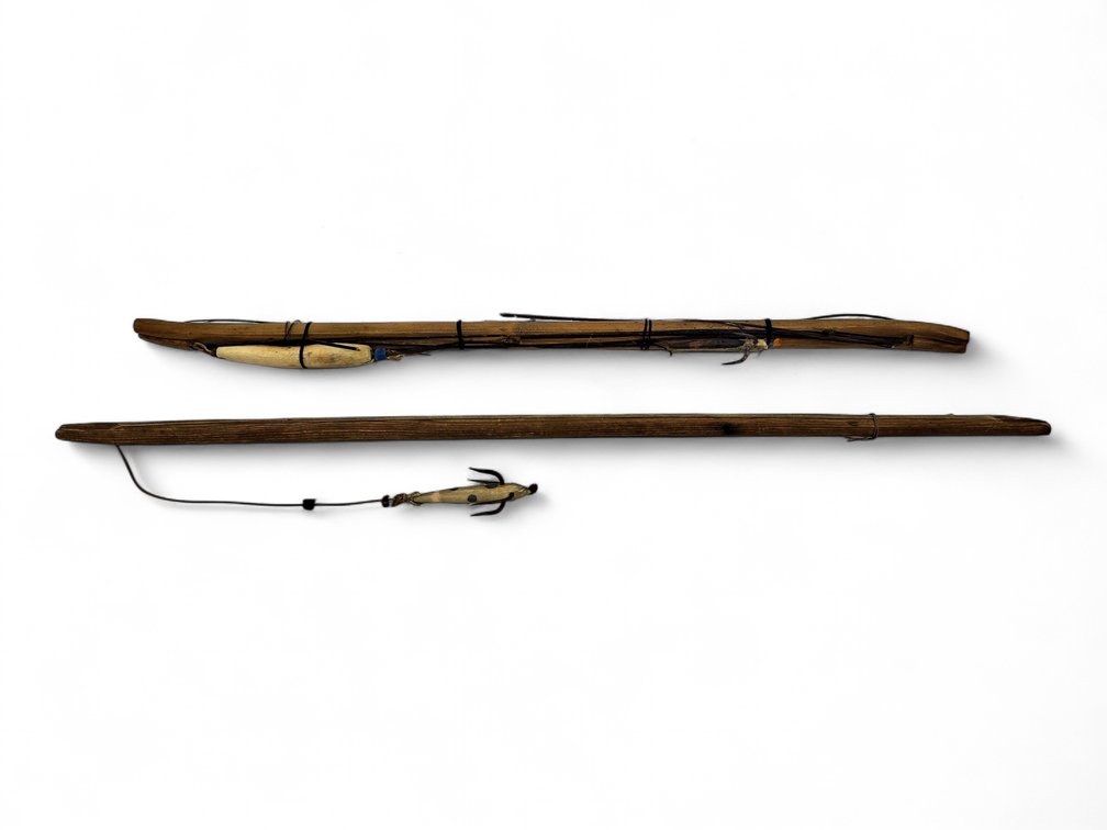 Late 19th Century Eskimo Ice Fishing Poles w/ Walrus Tusk Lures