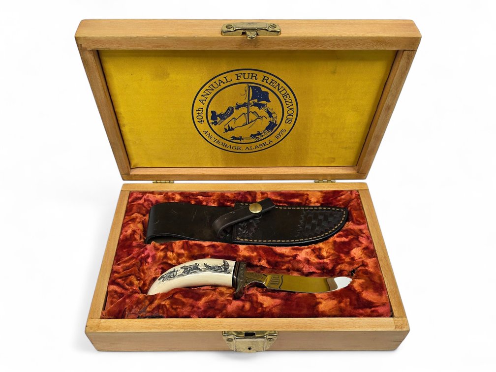 Peter Mayac Scrimshaw Whale Tooth Gil Hibben Fur Rendezvous Knife c.1975