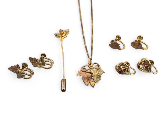 12k & 10k Black Hills Gold Screw-Back Earrings, Pin & Necklace