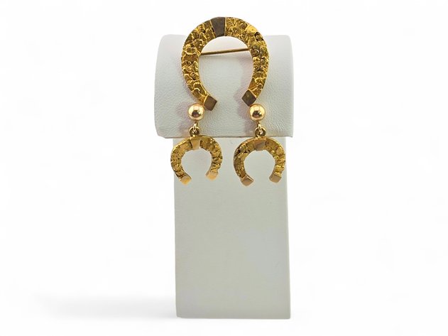 10k Yellow Gold & Gold Nugget Horseshoe Earrings & Brooch