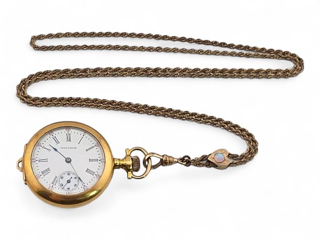 1906 Waltham Model 1891 Hunting Pocket Watch w/ 14k Gold-Filled Yellow Gold Case & 10k Gold & Opal Fob