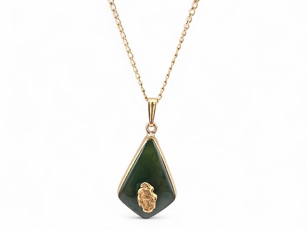 10k Yellow Gold, Jade & Gold Nugget Pendant w/ Necklace