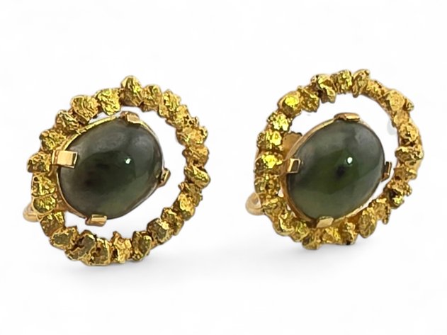 10k Yellow Gold. Gold Nugget & Jade Earrings