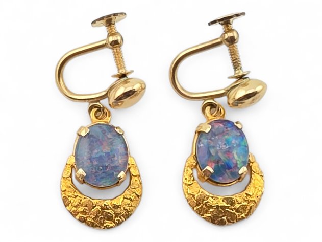 10k Yellow Gold, Opal & Gold Nugget Crescent Moon Earrings