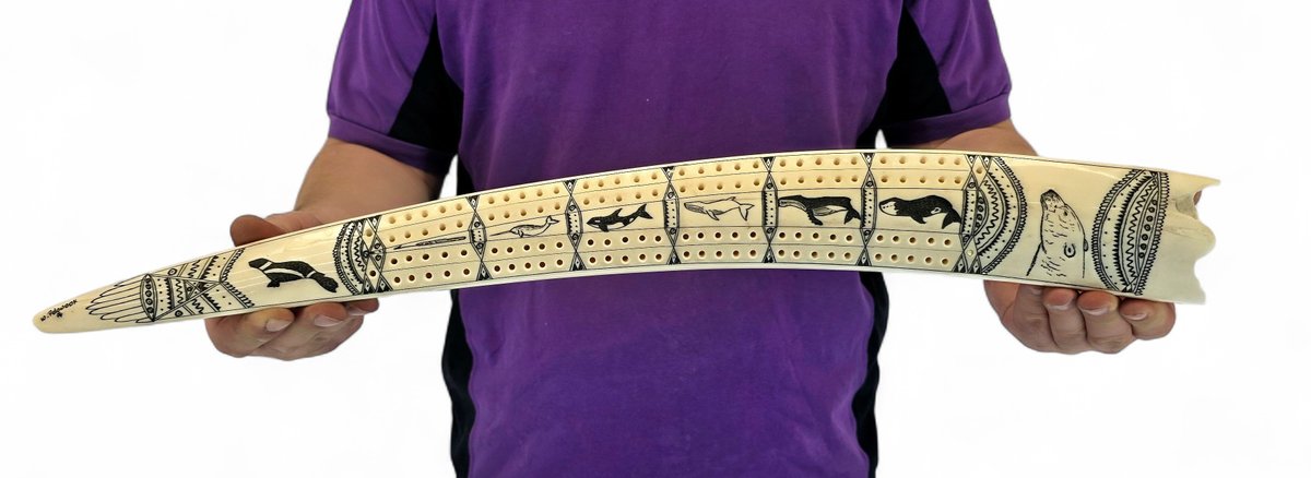 24" Walrus Tusk Cribbage Board - William Pelowook