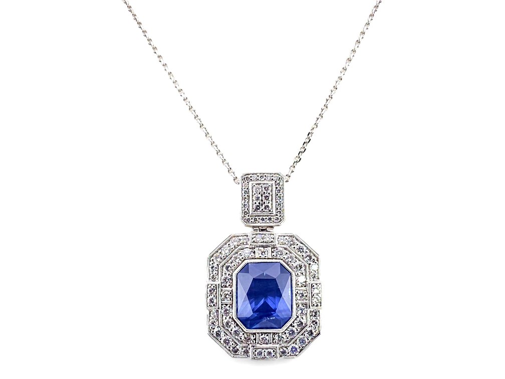 Oscar Friedman Platinum, 9.28 ct. Sapphire & 1.64 CTW Diamond Pendant Necklace