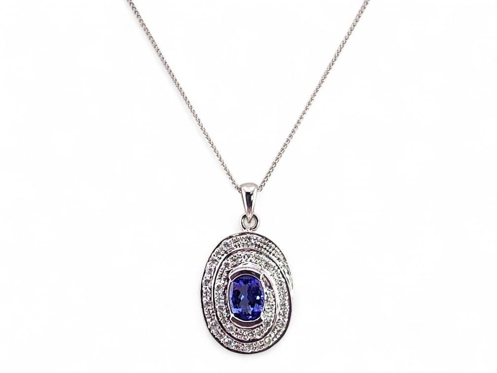 14K White Gold Necklace w/ Tanzanite & Diamond Pendant