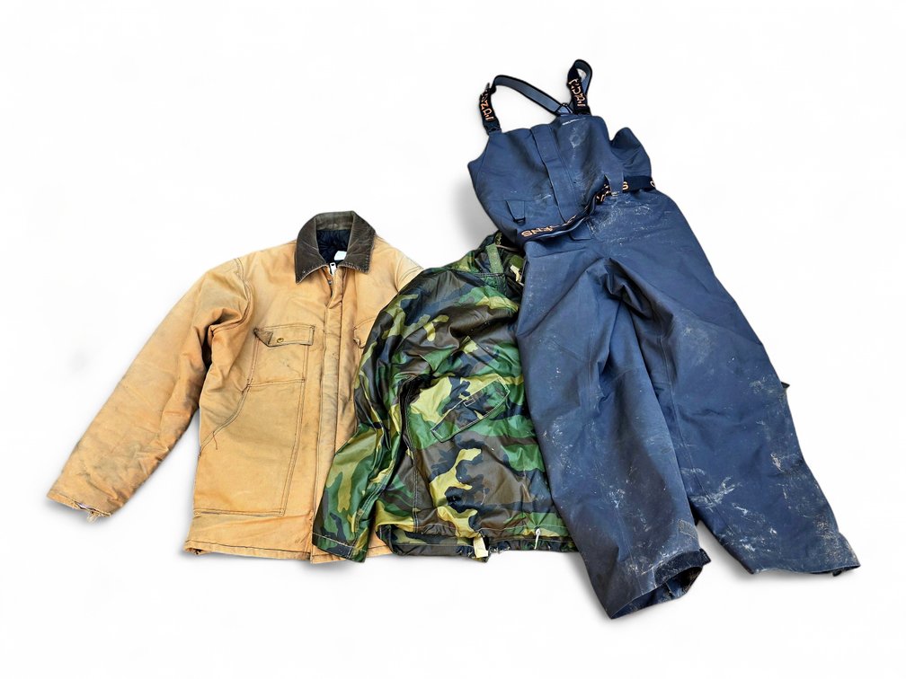 Polar King Jacket, Camo Raincoat & Grundens Bibs