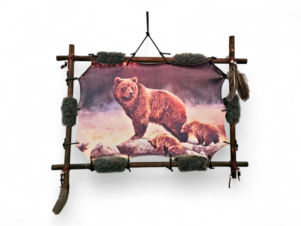 Bear Print w/ Wood Frame, Faux Fur & Feathers