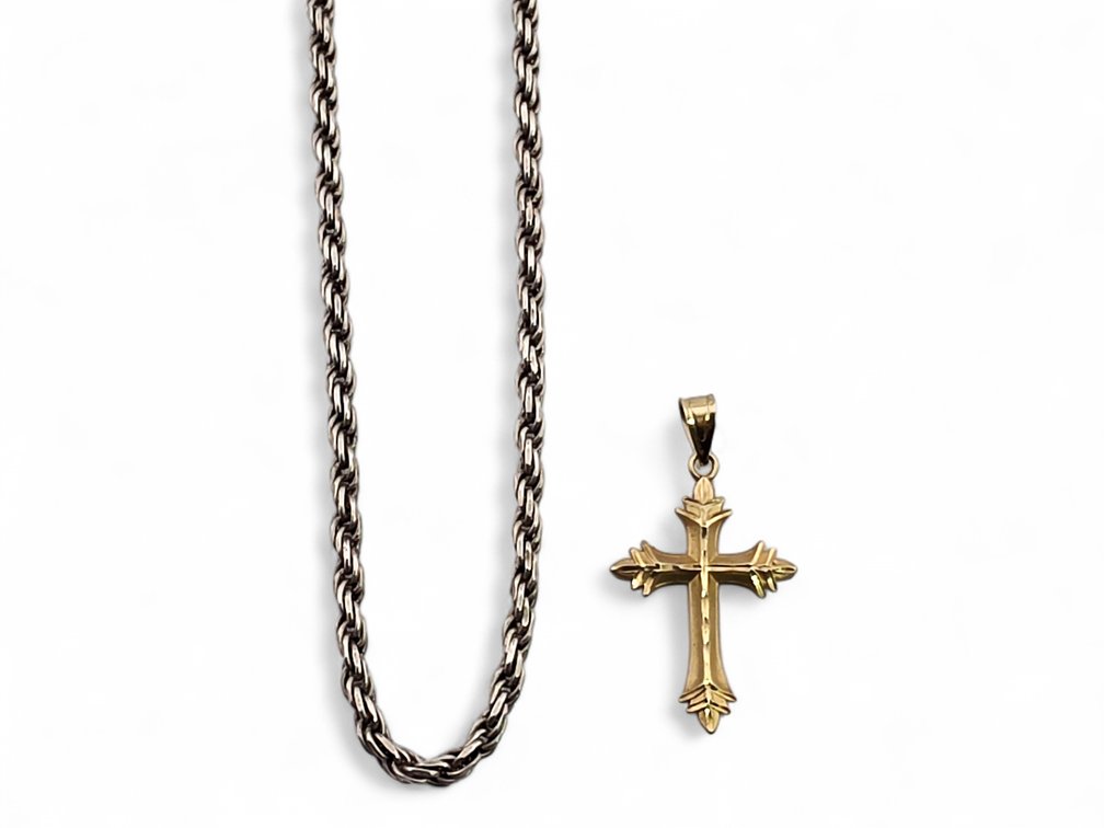 Sterling Silver Rope Chain & 14K Yellow Gold Cross Pendant