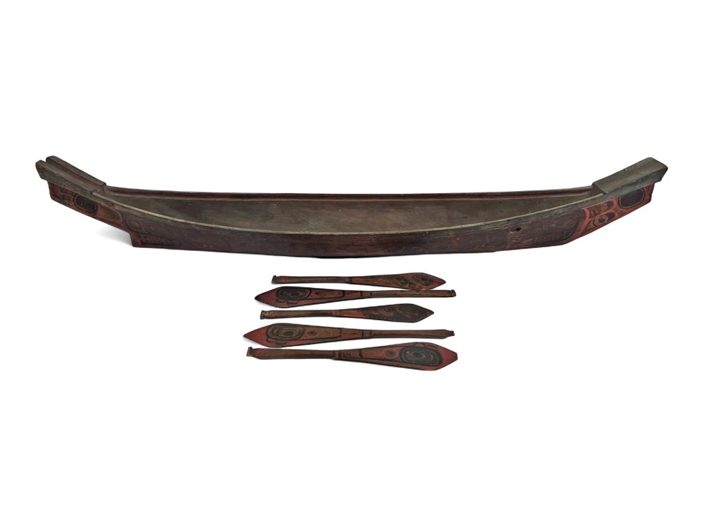 Late 19th Century Haida Painted Model Canoe with Five Paddles