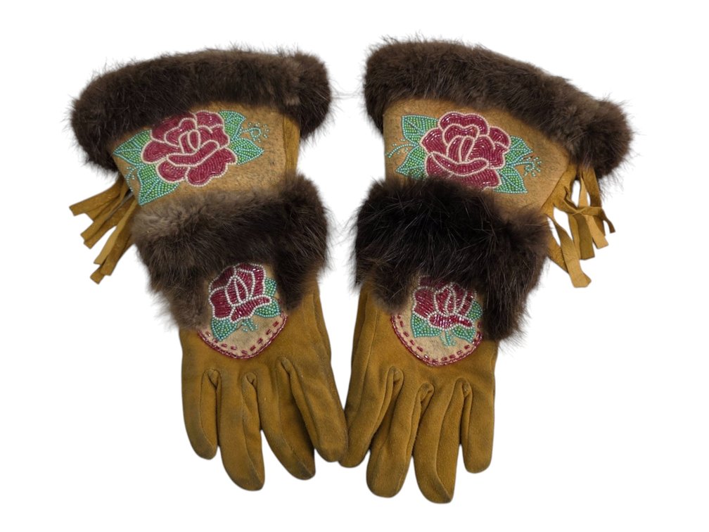 Athabascan Red Rose Beaded Gauntlet Gloves