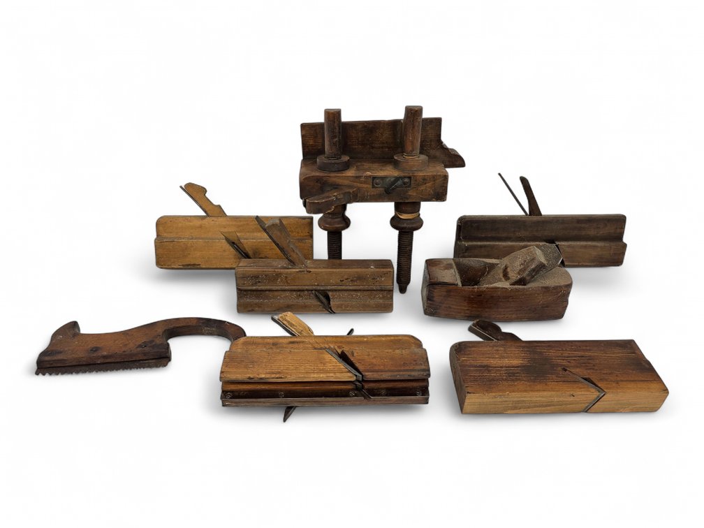 Primitive Wooden Saw, Plow Plane, Molding Planes & More Tools