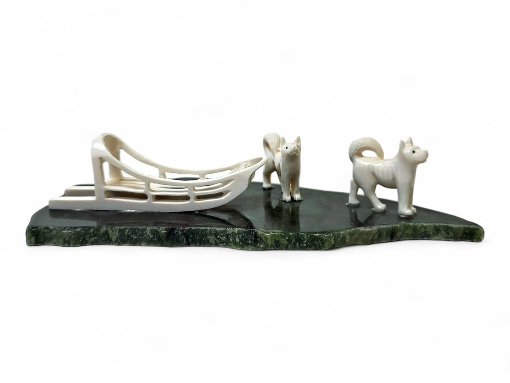 Walrus Ivory & Jade Sled Dog Sculpture