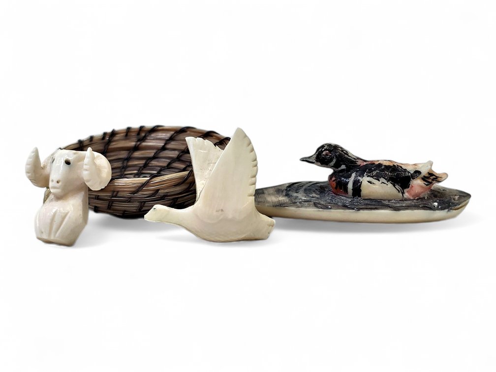 Ivory Ram, Duck & Bird Figurines w/ Coiled Basket