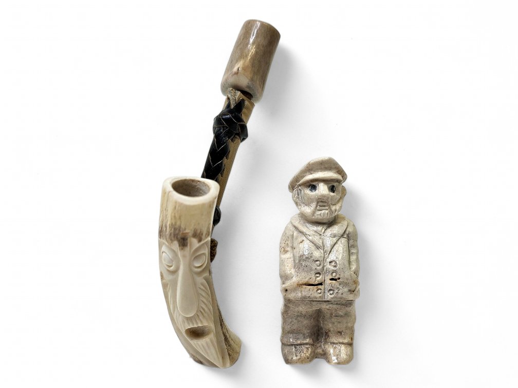 Whale Bone Sea Captain Figurine & Antler Smoking Pipe