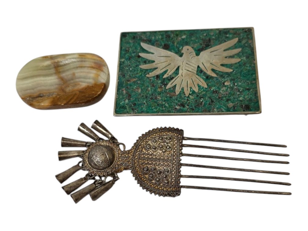 Silver Hair Pin, Aztec Eagle Buckle & Onyx Palm Stone