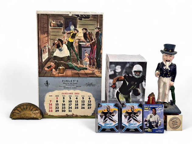 Larry Fitzgerald Bobblehead, Uncle Sam Coin Bank, Anchorage Aces Trading Card & More