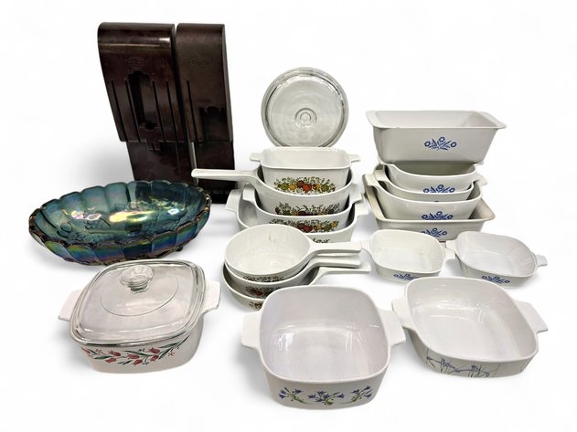 CorningWare Dishes, Indiana Glass Co. Carnival Bowl & Cutco Knife Holders