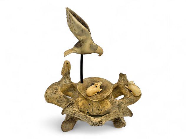 Whale Vertebra Sculpture w/ Walrus Ivory Animals - Xavier Simon