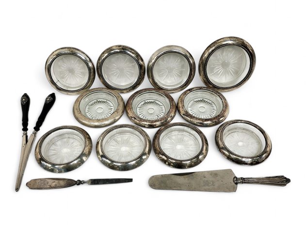 Sterling Silver Coasters, Glove Stretchers, Nail File & Cake Server
