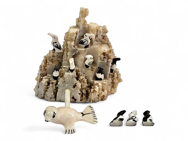 Walrus Ivory Puffin Rookery & Seal Miniature Sculpture - Maurice Nattanguk