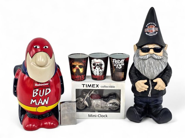 Harley-Davidson Gnome, Timex Motorcycle Clock, Collectible Budweiser Beer Stein & More