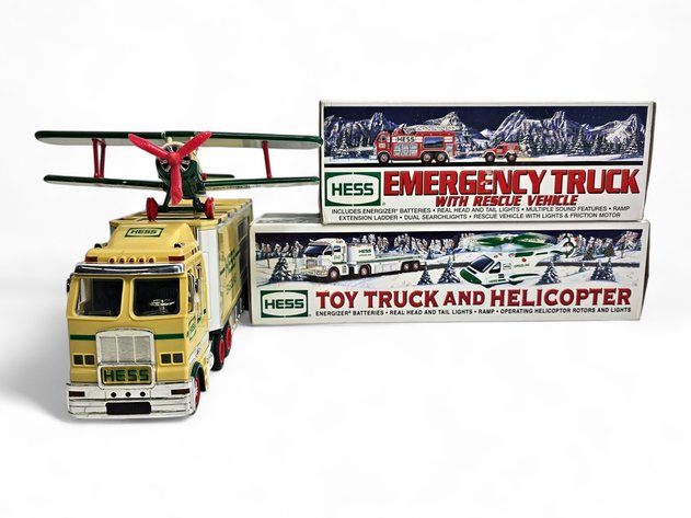 Hess Toy Emergency Truck, Truck w/ Helicopter, Truck w/ Race Cars & Biplane