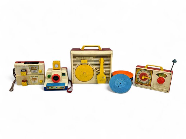 Fisher-Price Record Player, Toy Cameras, Clock & Tomy Snappy Shots