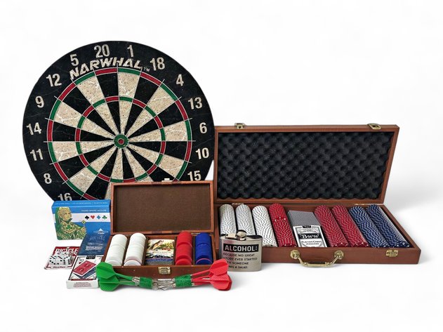 Narwhal Kingston Dartboard, Playing Cards & Poker Chips w/ Cases & More