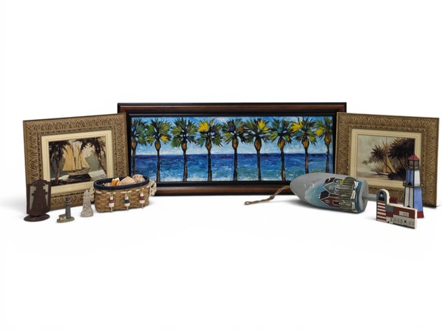 Nautical-Themed Prints, Basket w/ Seashells, Figurines & More
