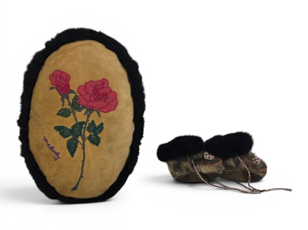 Seed Bead, Leather & Fur Pillow w/ Children's Fur Mukluks