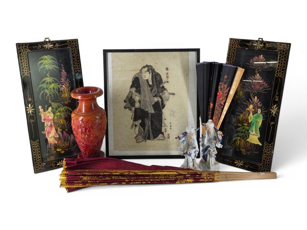 Large Indonesian Fan, Chinese Wall Panels, Japanese Wrestler Print & More
