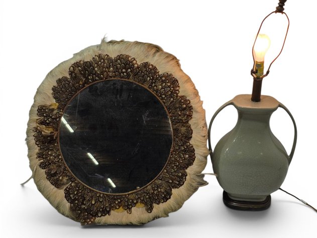 Handmade Pheasant Feather Mirror & Lamp