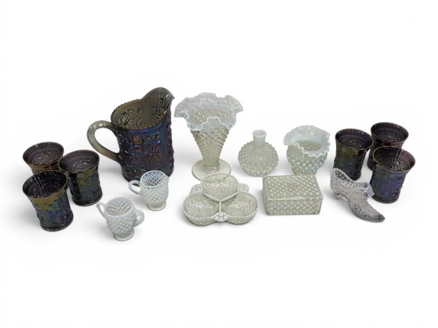 Imperial Glass Carnival Glass Set & Opalescent Hobnail Anchor Hocking & Fenton Dishes