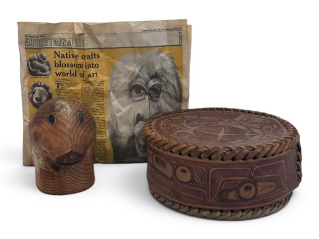 Northwest Coast-Style Leather Basket, Wooden Seal Head & Newspaper Article