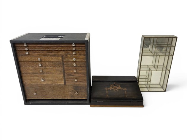 Traveling Dental Toolbox, Glass Curio Cabinet & Wooden Desk Box