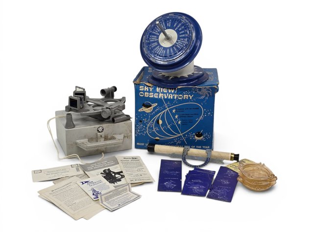 Sky View Observatory Toy, Davis Master Sextant & Glass Ashtrays