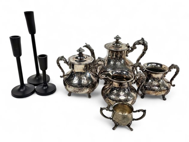 Banner Silver Co. Quadruple-Plated Tea Set & Candleholders