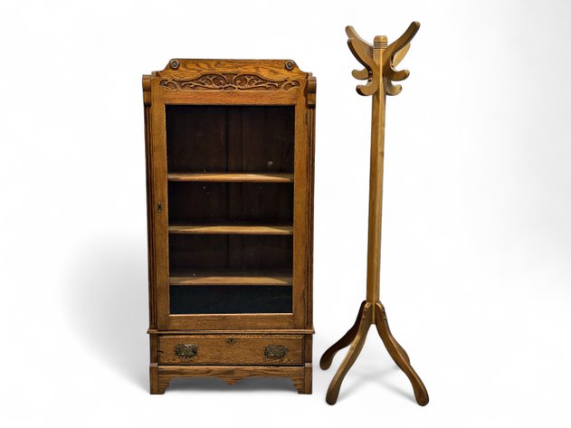 Victorian-Style Glass-Faced Bookcase & Coat Rack
