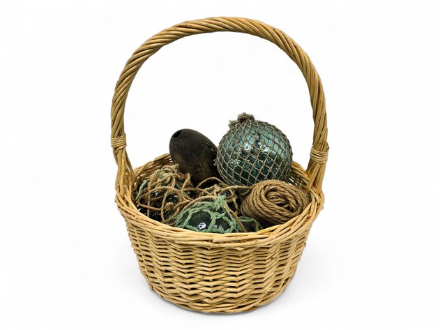 Japanese Glass Fishing Floats, Twine & Darning Egg w/ Basket