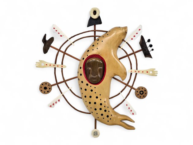 Walrus Ivory, Wood & Fossilized Bone Spotted Seal Spirit Mask