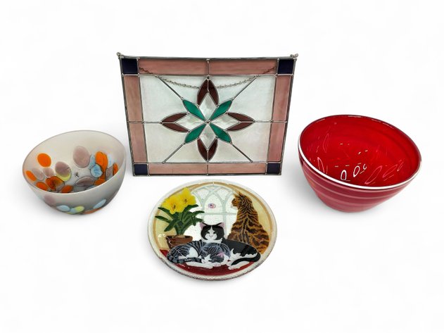 Stained Glass Suncatcher, Polish Bowl, Peggy Karr Fused Glass Plate & Red Bowl