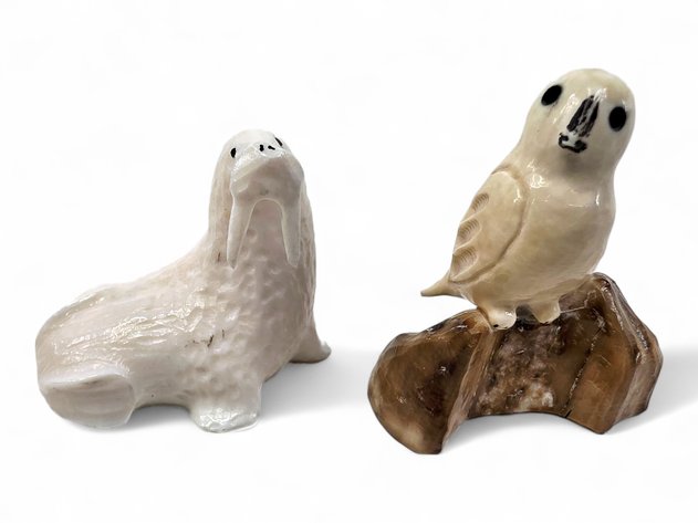 Contemporary & Fossilized Walrus Ivory Owl & Walrus Figurines - Dean Kulowiyi, Sr.