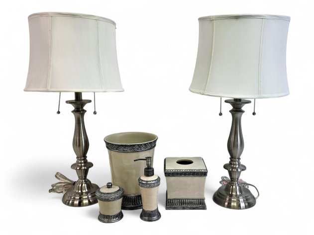 Satin Nickel Side Table Lamps & Bathroom Vanity Set