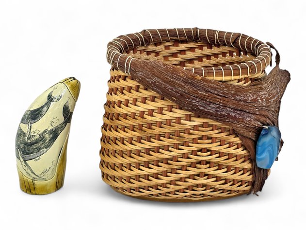 Lisa Adkins Woven Root Basket & G.H. Cook Co. Replica Scrimshaw Whale Tooth