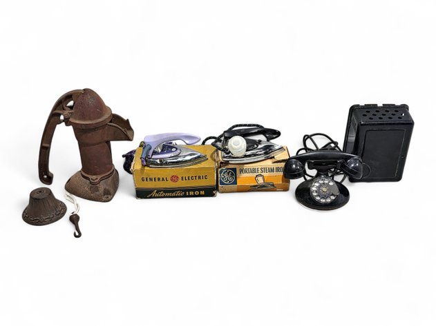 Cast-Iron Pump & Bell, GE Irons & Western Electric Rotary Telephone