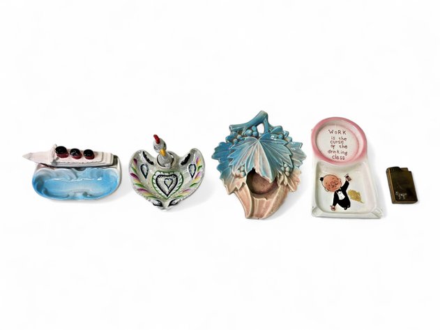McCoy Grape Leaf, Kalk, Peacock & RMS Queen Mary Ash Trays & Lighter