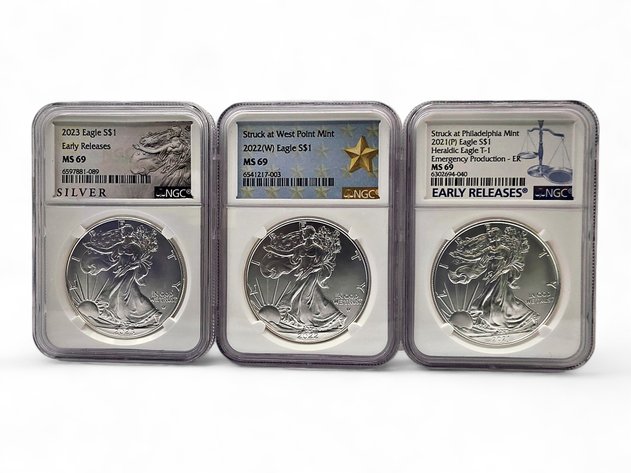 NGC MS69 2021-P, 2022-W & 2023 American Silver Eagle Dollars